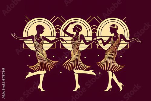 Charleston party. Dancing girls silhouette. Gatsby style set. Group retro woman dancing charleston. Vintage style, retro silhouette dancer.1920 party swing dancing girls