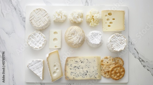 A white board with a variety of cheeses and crackers