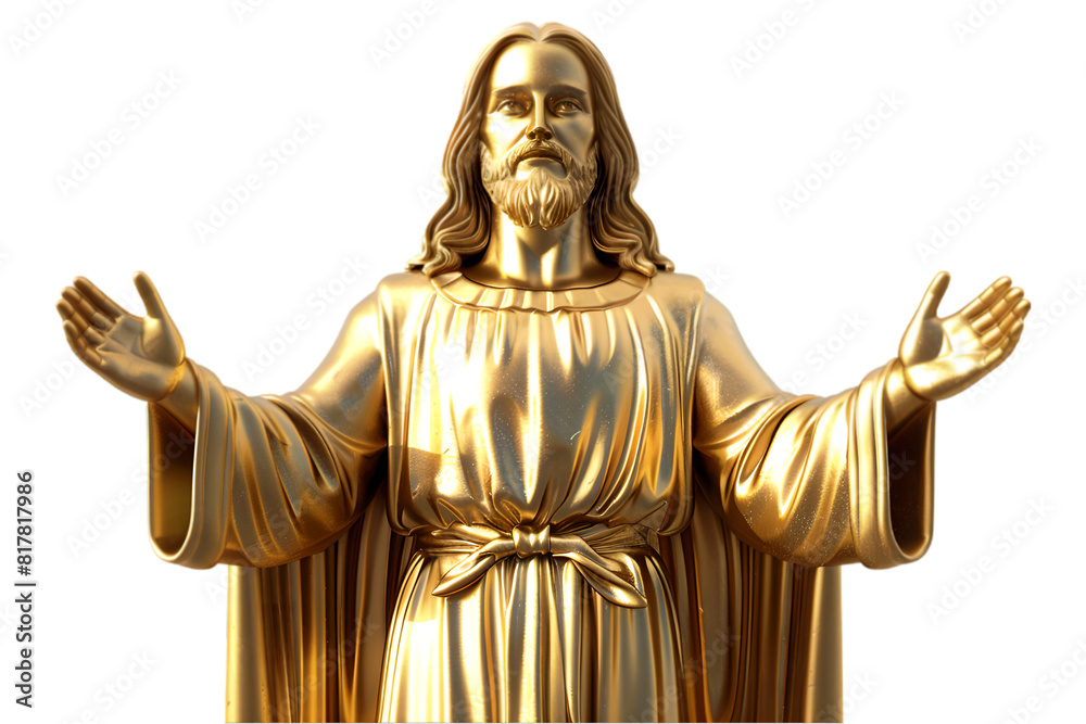 Statue of Jesus Christ with open arms, isolated on transparent background. Faith in Christianity religion. Gold sculpture Statue of Jesus Christ with open arms, isolated on transparent background. Faith in Christianity religion. Gold sculpture