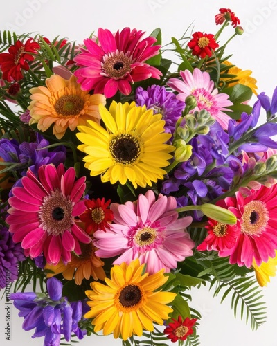 A bouquet of flowers with a variety of colors including yellow  pink  purple