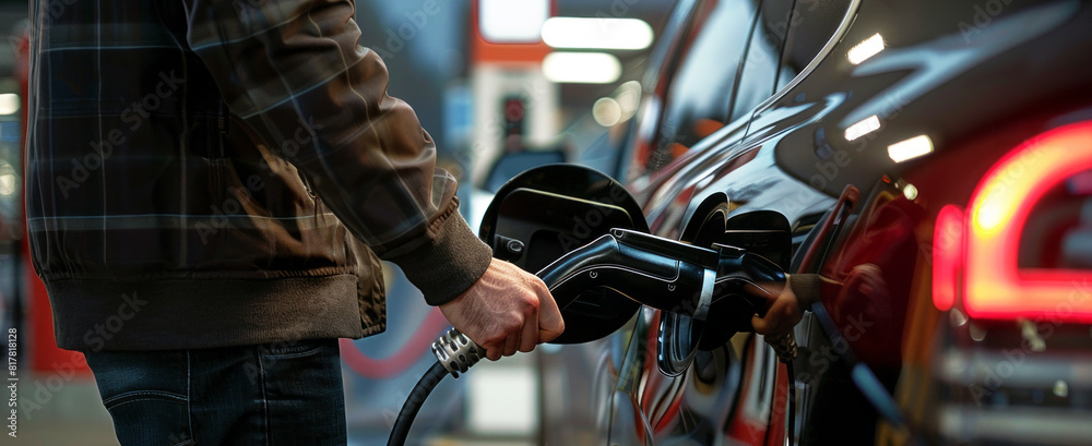 Close up of hand of a man charging electric car. Close up of hand of a man charging electric car.