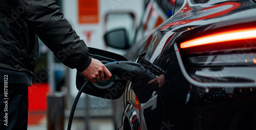 Close up of hand of a man charging electric car. photo