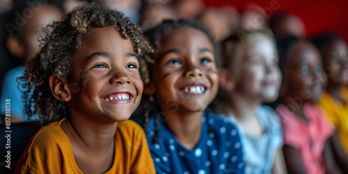 Close-up of kids enjoying a magic show and laughing