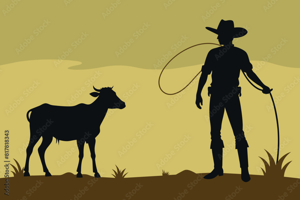 A vector silhouette of a young little cowboy with a lasso rope with a young calf on the distance vector