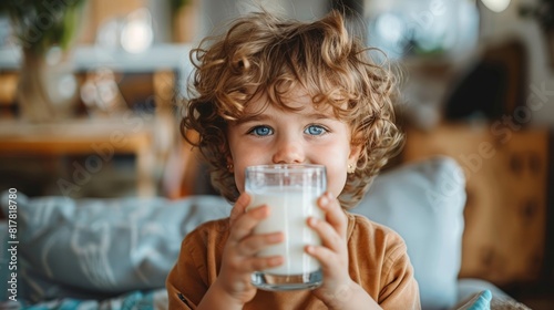 A blond child smiling while holding a glass of milk. photo