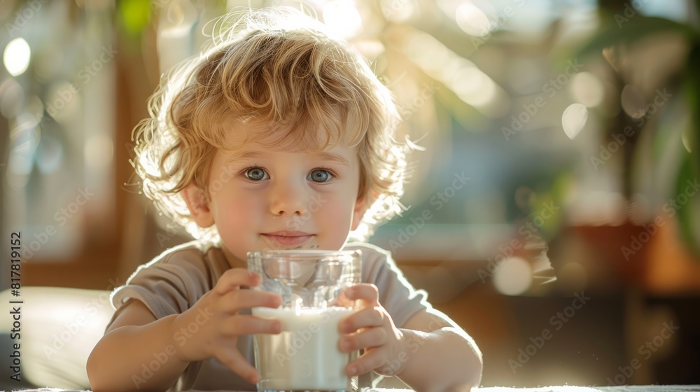 A blond child smiling while holding a glass of milk. A blond child smiling while holding a glass of milk.