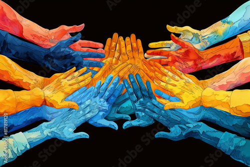 Colorful hands on black background reaching across racial divides in solidarity on Juneteenth, creative illustration. photo