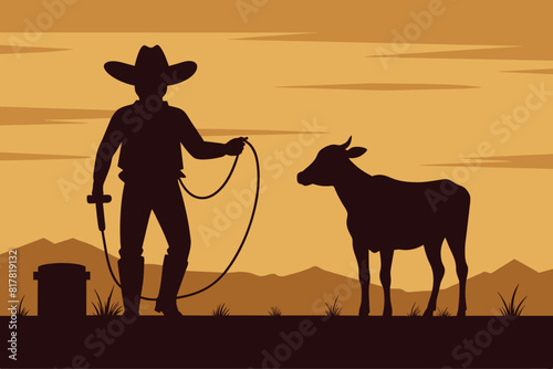 A vector silhouette of a young little cowboy with a lasso rope with a young calf on the distance vector