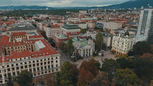 Drone footage of Ivan Vazov National Theater and the surrounding buildings in Sofia, Bulgaria photo