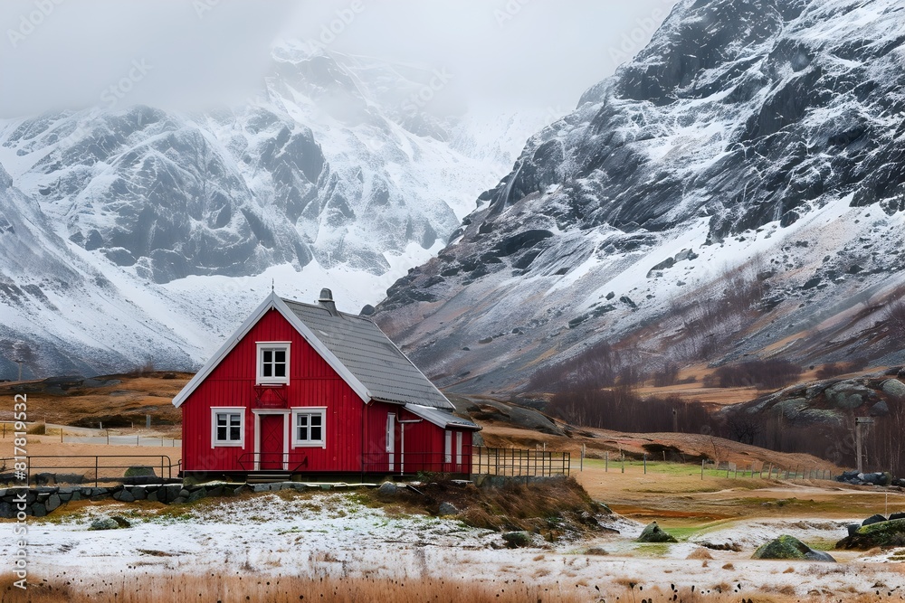 Isolated Red House Nestled in Snowy Mountain Landscape of Northern Europe Isolated Red House Nestled in Snowy Mountain Landscape of Northern Europe