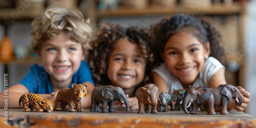 Close-up of kids playing with toy animals and figurines photo
