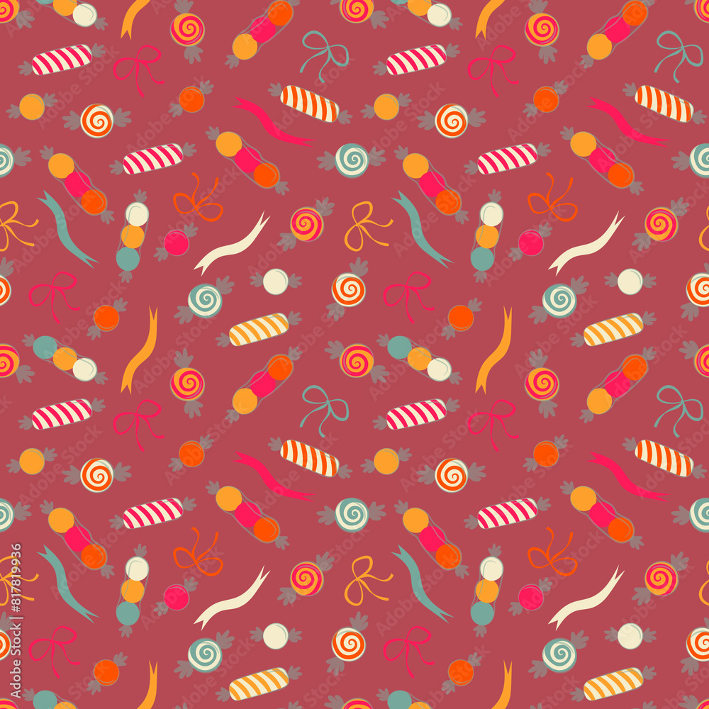 Seamless background with various candies. Candy repeated pattern. Pinata filling background. Cartoon illustration of cheerful candy seamless pattern background. Perfect for wrapping, packaging print. Seamless background with various candies. Candy repeated pattern. Pinata filling background. Cartoon illustration of cheerful candy seamless pattern background. Perfect for wrapping, packaging print.