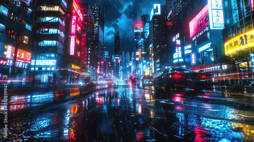 neon lights of the big city are reflected on the wet paving stones on a city street during the rain