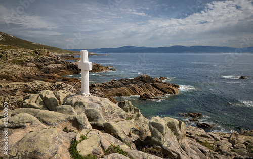 Remembering the sailors. Crosses in homage to the shellfish harvesters and sailors who died at Punta do Roncudo, on the Costa de la Muerte, in Galicia (Spain). photo