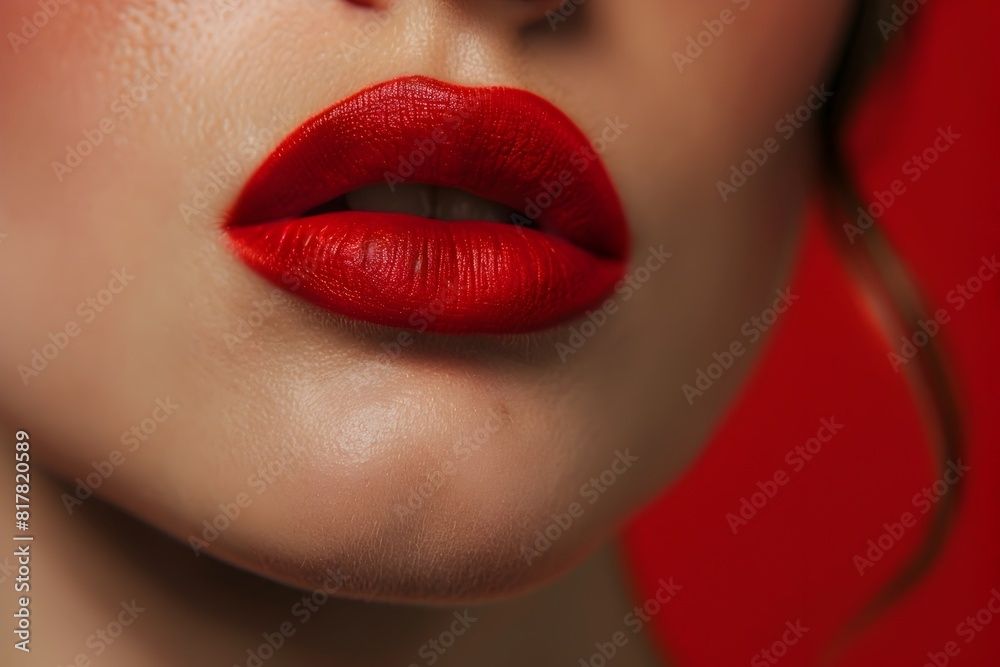 Fototapeta premium Captivating Red Lipstick Closeup Highlighting Luxurious Makeup Brand Promotion