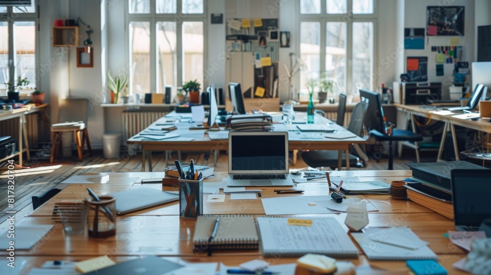 A spacious office environment with desks, laptops, and documents scattered, providing an open area with blank space for adding text or graphics