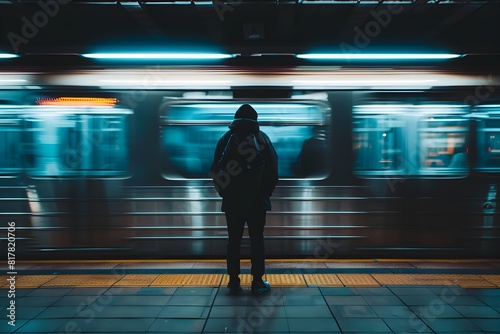 Solitary Commuter Waits Amid the Blur of a Passing Train on the Subway Platform © milkyway