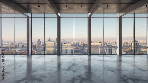 A wide shot of a vast, empty office space with large windows overlooking a cityscape, symbolizing untapped business opportunities and potential growth, with ample copy space or blank space for text photo
