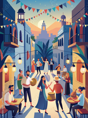 Festive Evening in a Colorful Town Square Illustration. Vector illustration for jewish holiday Tu B' av