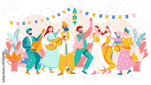 Vibrant Folk Music Celebration with Joyful Dancers and Musicians. Vector illustration for jewish holiday Tu B' av