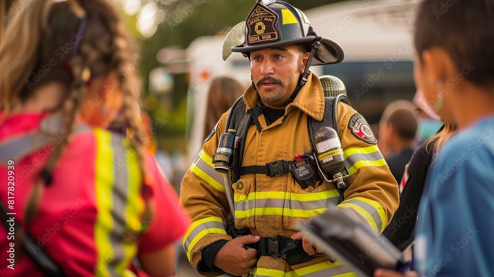 Firefighter Community Outreach: At a local event, firefighters engage with the community, educating the public about fire safety and demonstrating firefighting equipment to build awareness and trust 