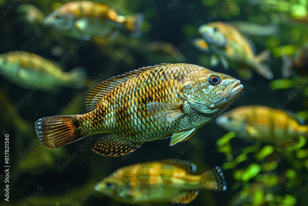 Tilapia swimming in a freshwater pond, representing aquaculture. Tilapia swimming in a freshwater pond, representing aquaculture.