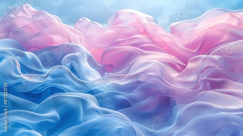   A stunning image featuring a tranquil scene with a blue sky  a pink and white background  and a wavy river of liquid flowing down the center