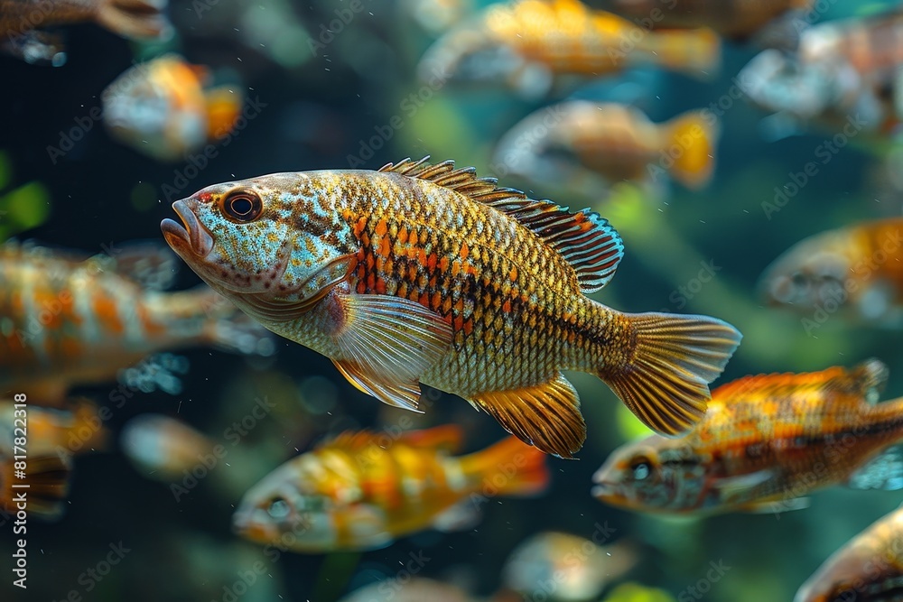 Tilapia swimming in a freshwater pond, representing aquaculture. Tilapia swimming in a freshwater pond, representing aquaculture.