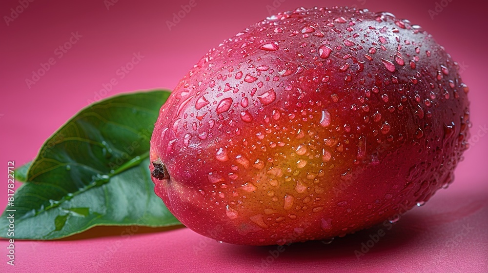 A red apple with a green leaf on a pink background and water droplets A red apple with a green leaf on a pink background and water droplets