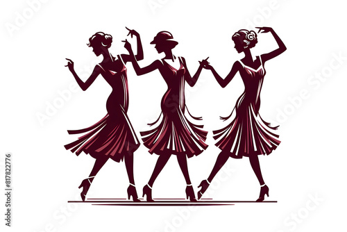 Charleston party. Dancing girls silhouette. Gatsby style set. Group retro woman dancing charleston. Vintage style, retro silhouette dancer.1920 party swing dancing girls