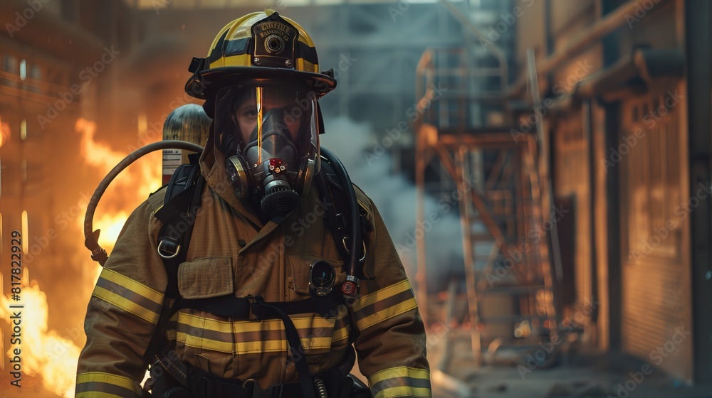 Firefighter in Full Gear: Dressed in full firefighting gear, a firefighter prepares to enter a burning building, equipped with an oxygen tank, helmet, and protective clothing Firefighter in Full Gear: Dressed in full firefighting gear, a firefighter prepares to enter a burning building, equipped with an oxygen tank, helmet, and protective clothing