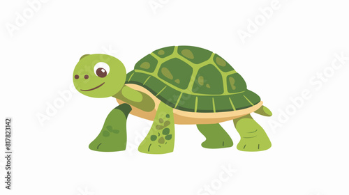Cute and funny green turtle with shell. Side view of