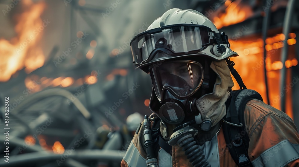 Firefighter in Full Gear: Dressed in full firefighting gear, a firefighter prepares to enter a burning building, equipped with an oxygen tank, helmet, and protective clothing Firefighter in Full Gear: Dressed in full firefighting gear, a firefighter prepares to enter a burning building, equipped with an oxygen tank, helmet, and protective clothing