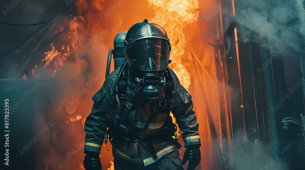 Firefighter in Full Gear: Dressed in full firefighting gear, a firefighter prepares to enter a burning building, equipped with an oxygen tank, helmet, and protective clothing Firefighter in Full Gear: Dressed in full firefighting gear, a firefighter prepares to enter a burning building, equipped with an oxygen tank, helmet, and protective clothing