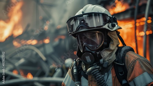Firefighter in Full Gear: Dressed in full firefighting gear, a firefighter prepares to enter a burning building, equipped with an oxygen tank, helmet, and protective clothing  photo