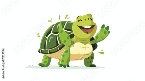 Cute and happy green turtle laughing and holding stom photo