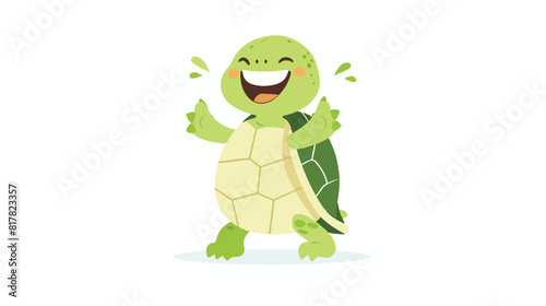 Cute and happy green turtle laughing and holding stom