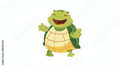 Cute and happy green turtle laughing and holding stom photo