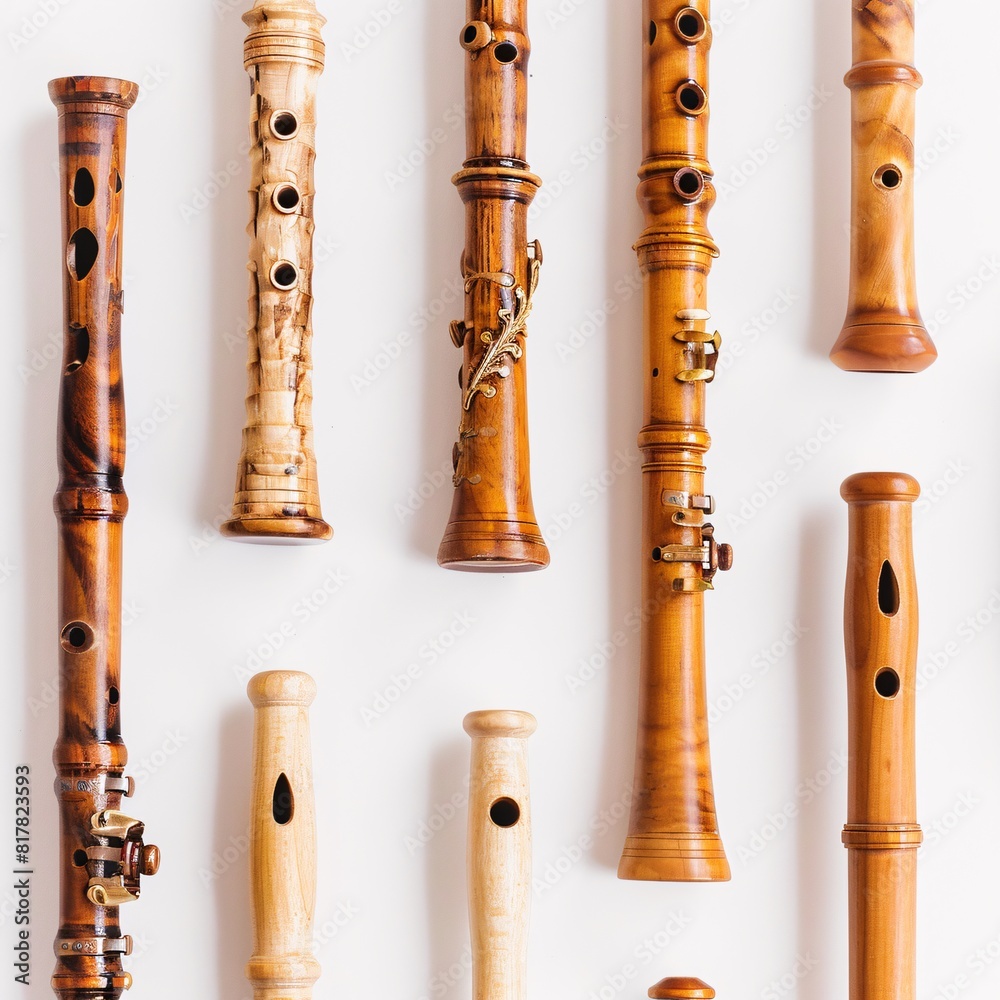 Fototapeta premium Assorted wooden flutes arranged neatly on a plain white background