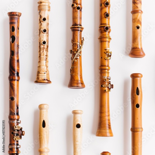 Assorted wooden flutes arranged neatly on a plain white background photo