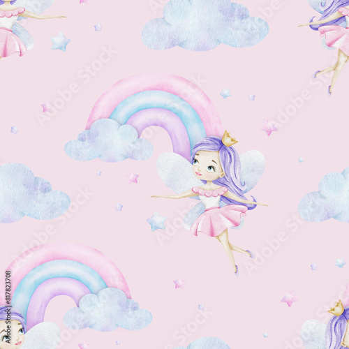 Little fairy with crown, rainbow, clouds and stars. Children's background. Watercolor baby seamless pattern for design kid's goods, postcards, baby shower and children's room