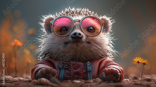  A hedgehog wearing glasses and a red jacket with a flower in the foreground against a dark background