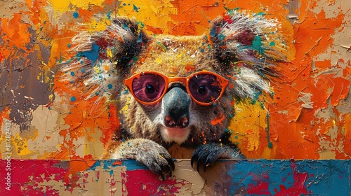   A koala in sunglasses emerging from a wall with paint spills on the background photo