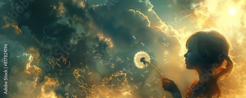 A child holding a dandelion, each seed representing a prayer carried by the wind towards a benevolent, watchful eye in the sky photo