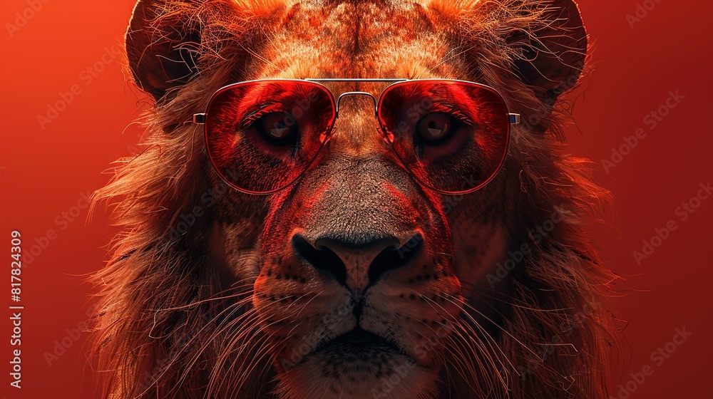   A close-up of a lion wearing sunglasses with red light reflecting on its face
