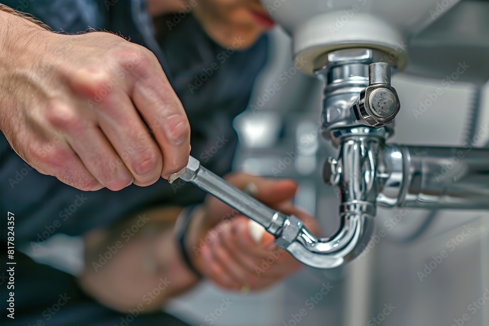 Plumber Using Wrench to Repair Bathroom Pipe Plumber Using Wrench to Repair Bathroom Pipe