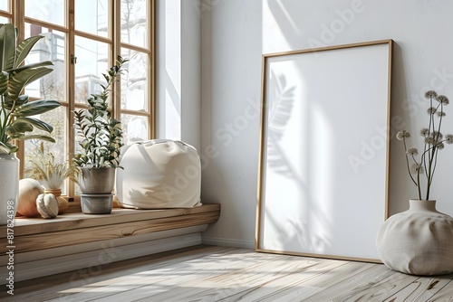 Minimalist A4 Poster Frame Mockup on Wooden Ledge in Bright Living Room Interior