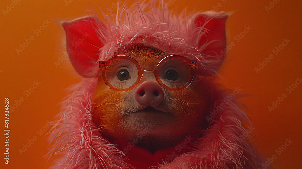 A pig wearing glasses, pink coat, and fur coat headband A pig wearing glasses, pink coat, and fur coat headband