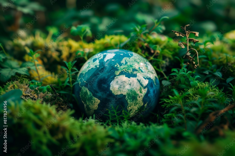 Planet Earth on a mossy floor Planet Earth on a mossy floor