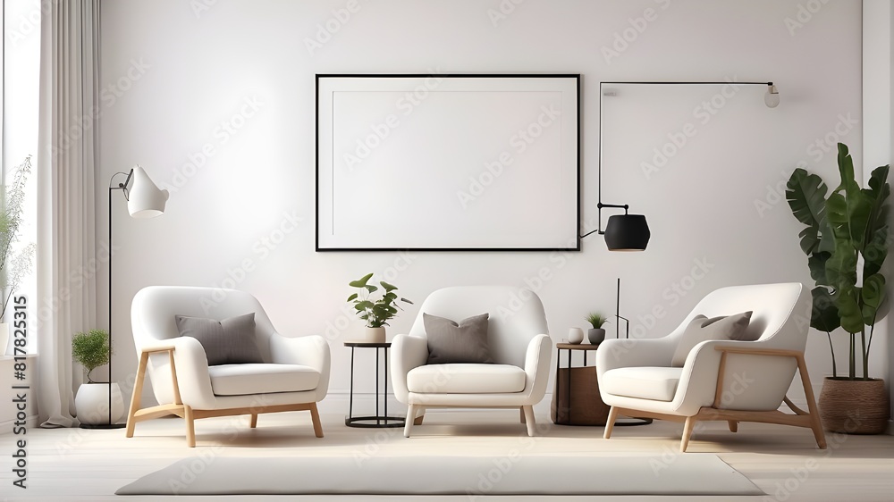 Two armchairs in room with white wall and big frame poster on it. Scandinavian style interior design of modern living room. Created with generative AI